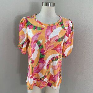 Chicos Womens Medium Short Puff Sleeve Top Colorful Floral Shirt